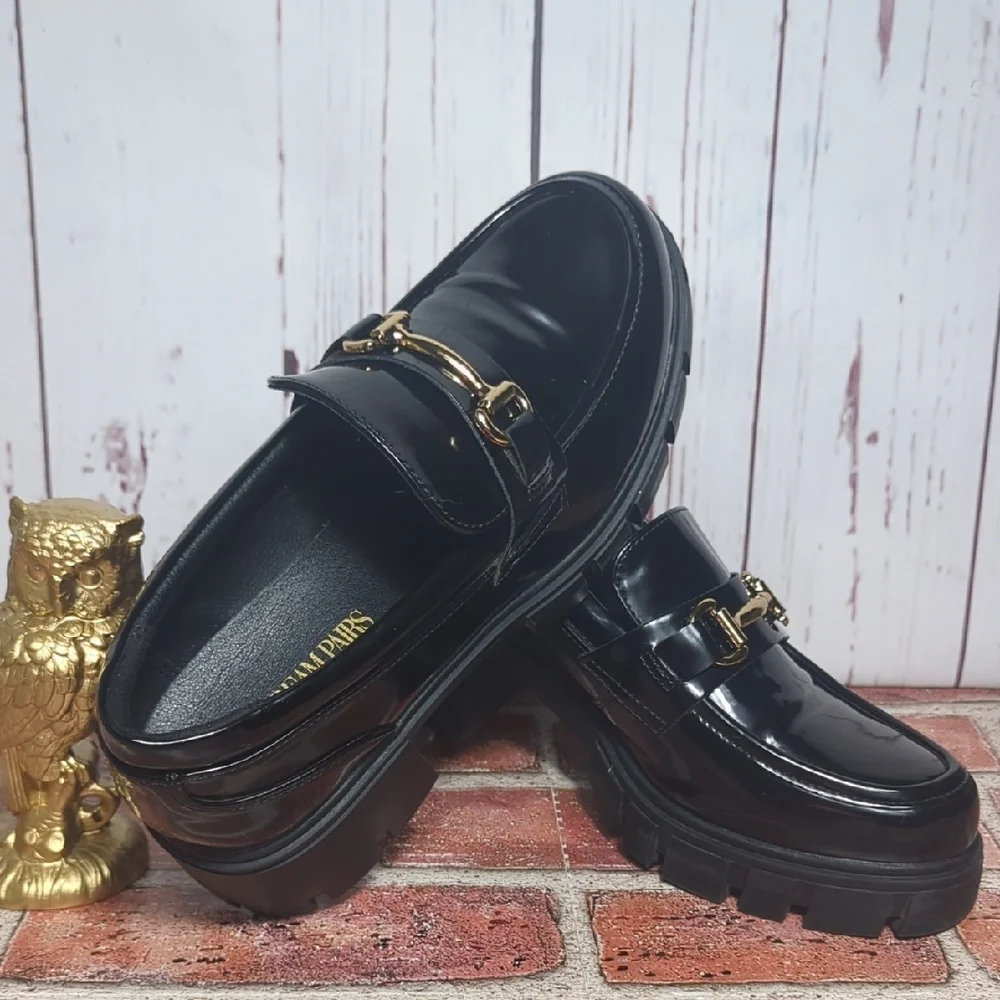 Dream Pairs Black Vegan Patent Leather Platform Loafers Chunky Lug Sole 8.5 7.5‎